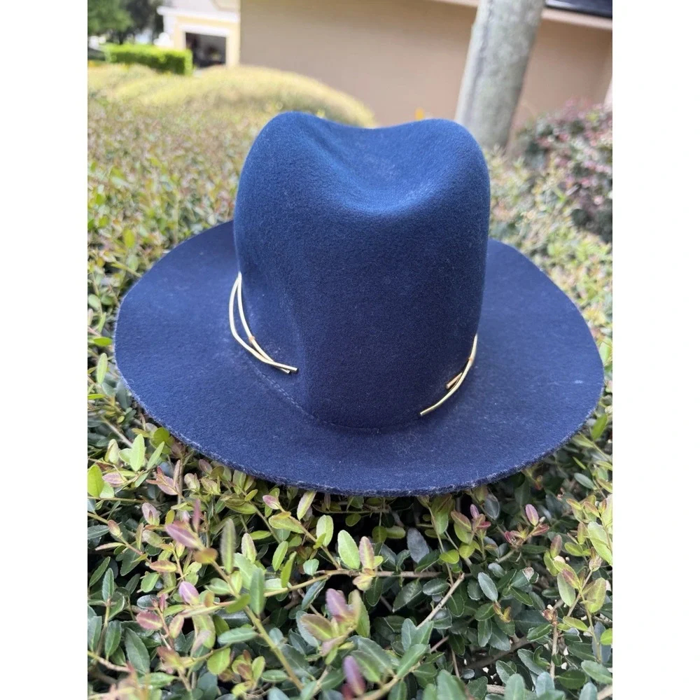 Janessa Leone Wool Fedora Medium Navy Blue Gold Wire Band Made in USA Hat